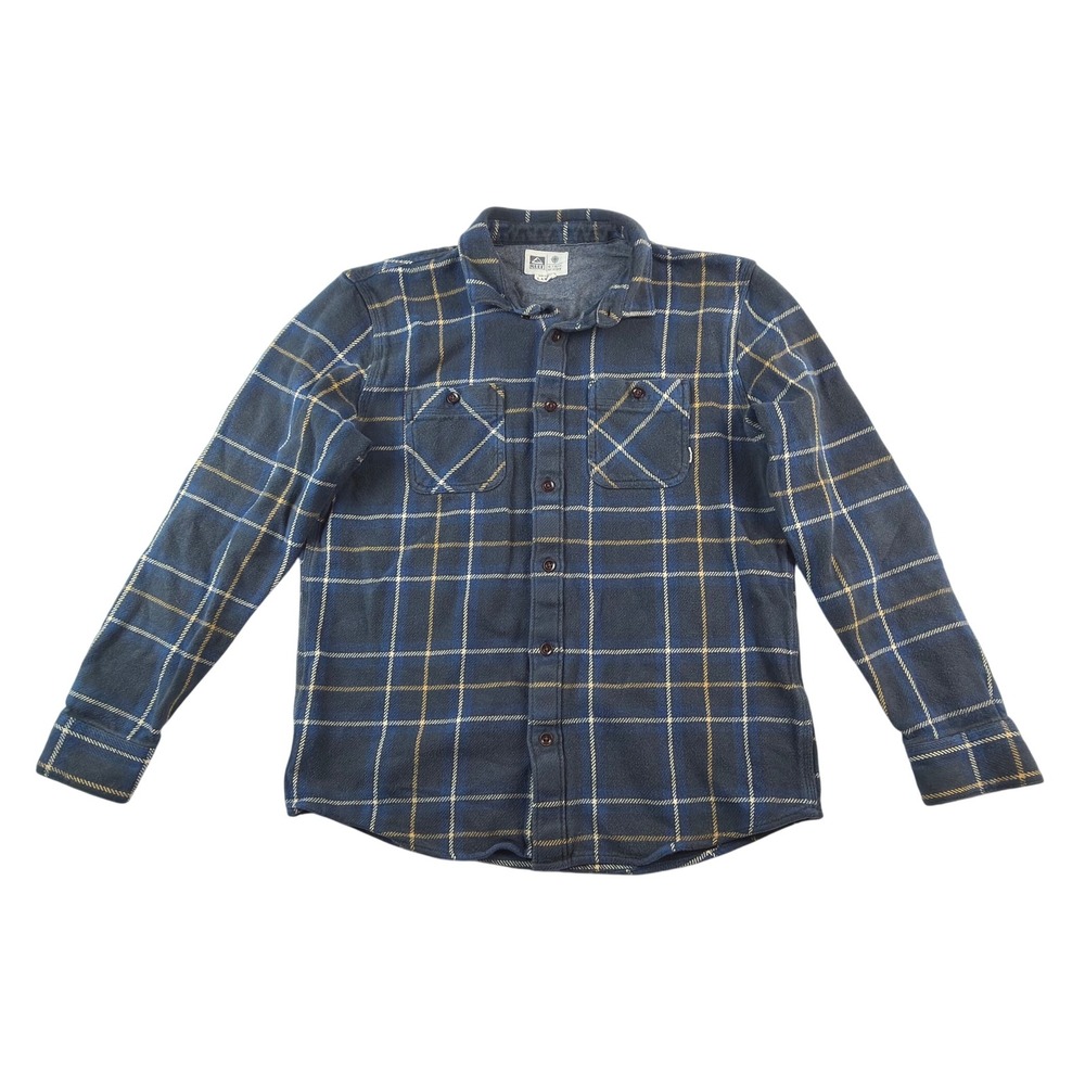 Reef Mens Large Blue Yellow Plaid Flannel Long Sleeve Button Down Cotton Shirt